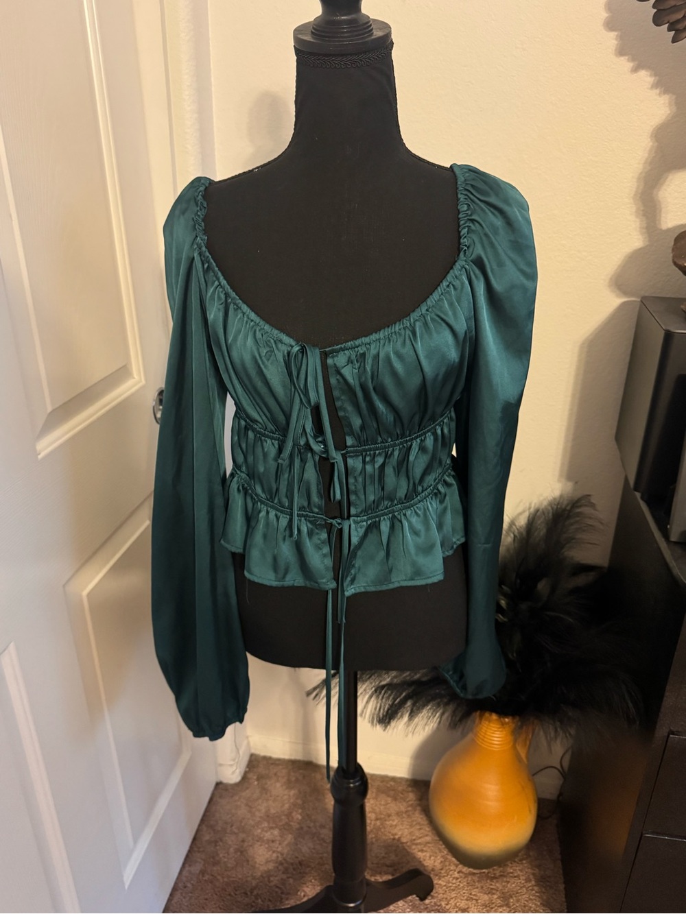 Satin Peasant Blouse with Ruching and Tie Front - Teal
